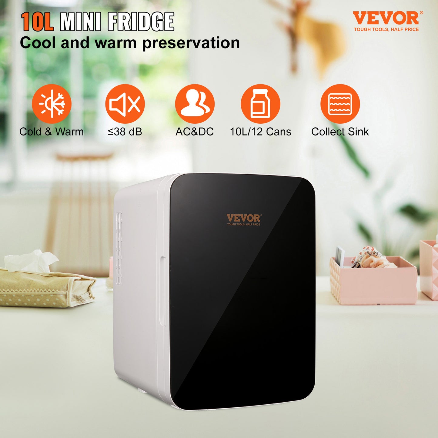 Vevor Mini Fridge For Bedroom, 10 Liter 12 Can Portable Fridges, Luxury Small Beverage Refrigerator For Skincare Food Breast Milk Chill, AC DC Cooler Warmer For Office Dorm Car, Black